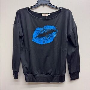 Black Sweatshirt with Blue Lip Print